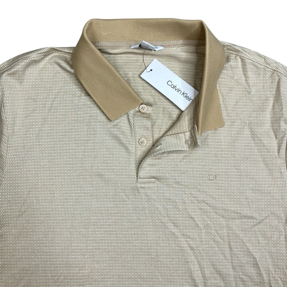 Calvin‎ Klein Polo Shirt Mens L Beige Textured Short Sleeve Golf Casual Preppy